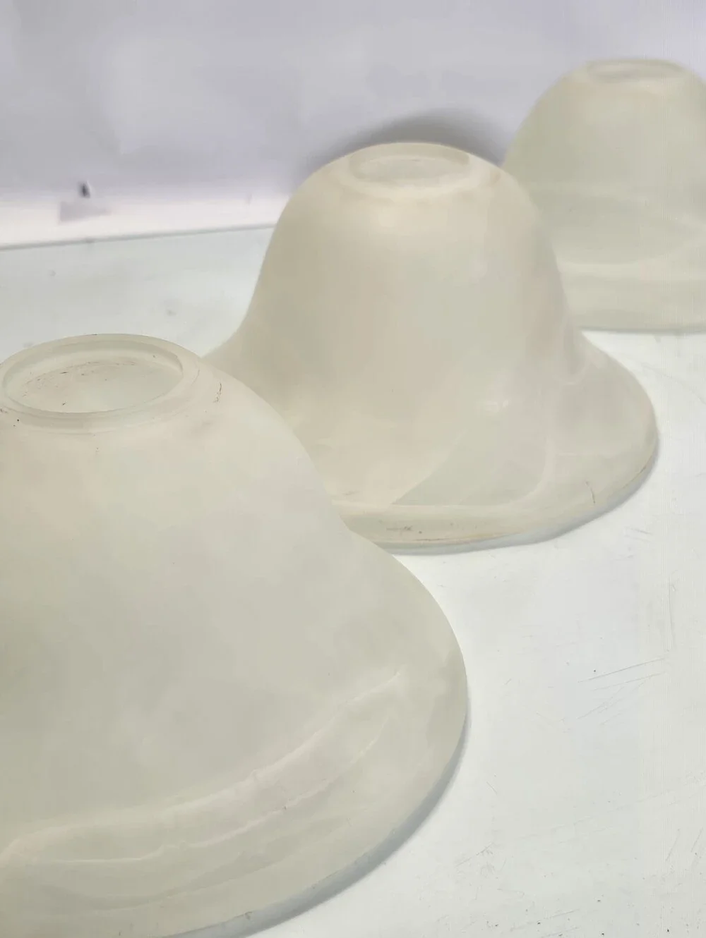 Vintage Set of 3 Frosted Glass Lamp Shades Hobnail Ribbed Bell Scalloped